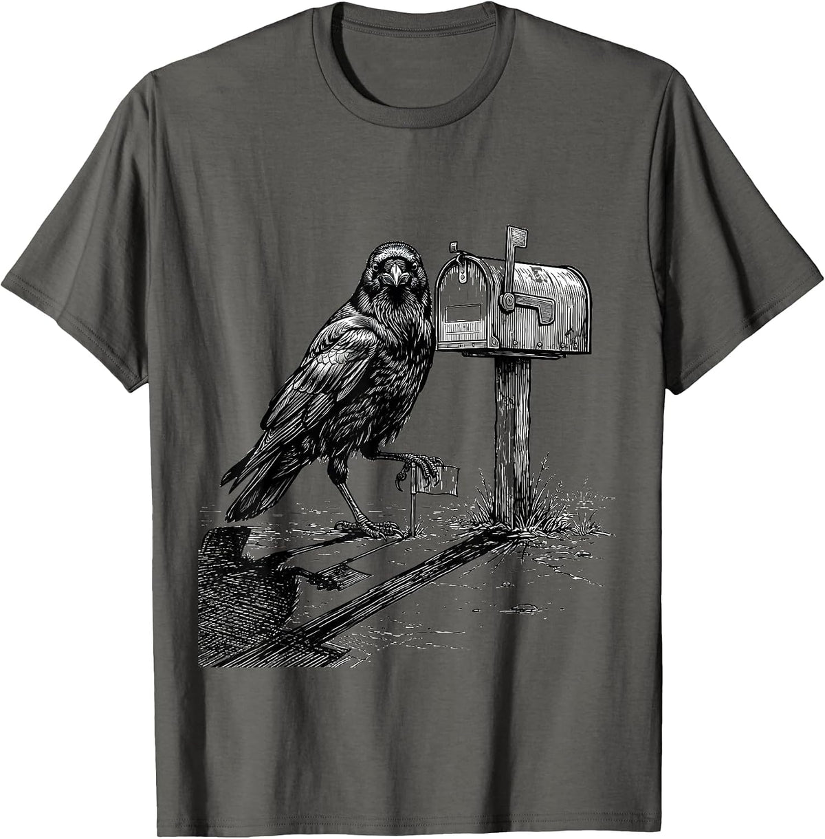 Men's Crow Mailbox Line Art Dark Humor Gothic Bird Lover T-Shirt - Asphalt Grey