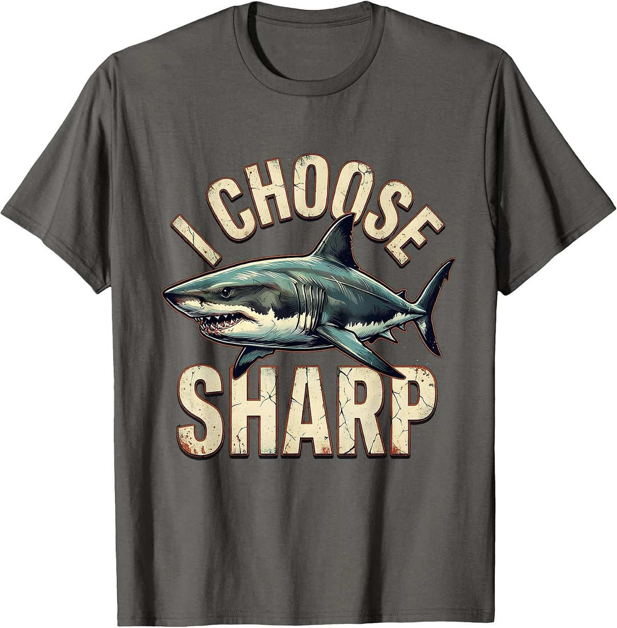 Men's I Choose Sharp Distressed Funny Shark Ocean Wildlife Lover T-Shirt - Asphalt Grey