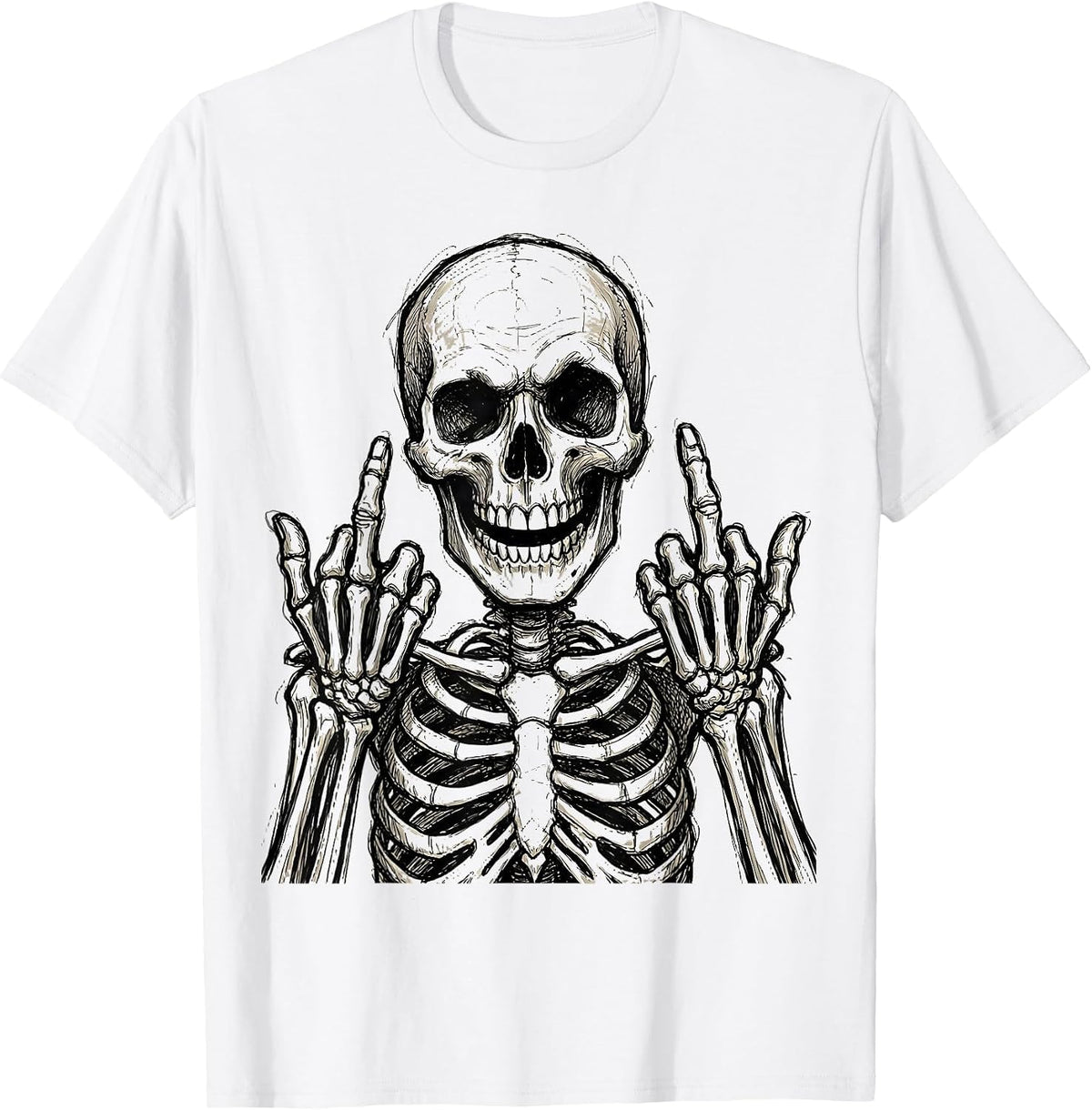 Men's Skeleton Double Middle Fingers Graphic T-Shirt - White