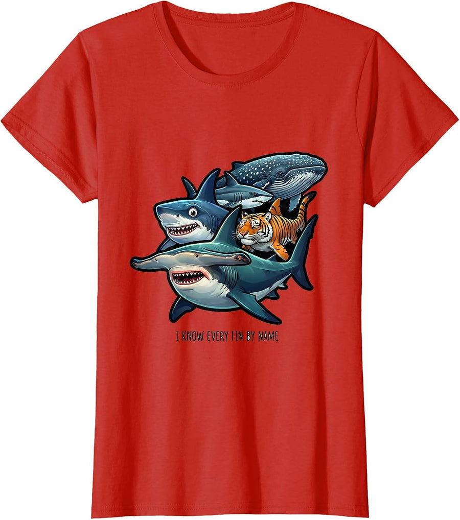 Women's I Know Every Fin By Name Funny Shark Lover Ocean Wildlife T-Shirt - Red