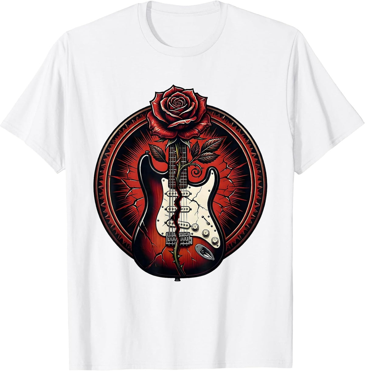 Men's Rose Growing Through Cracked Electric Guitar Art T-Shirt - White