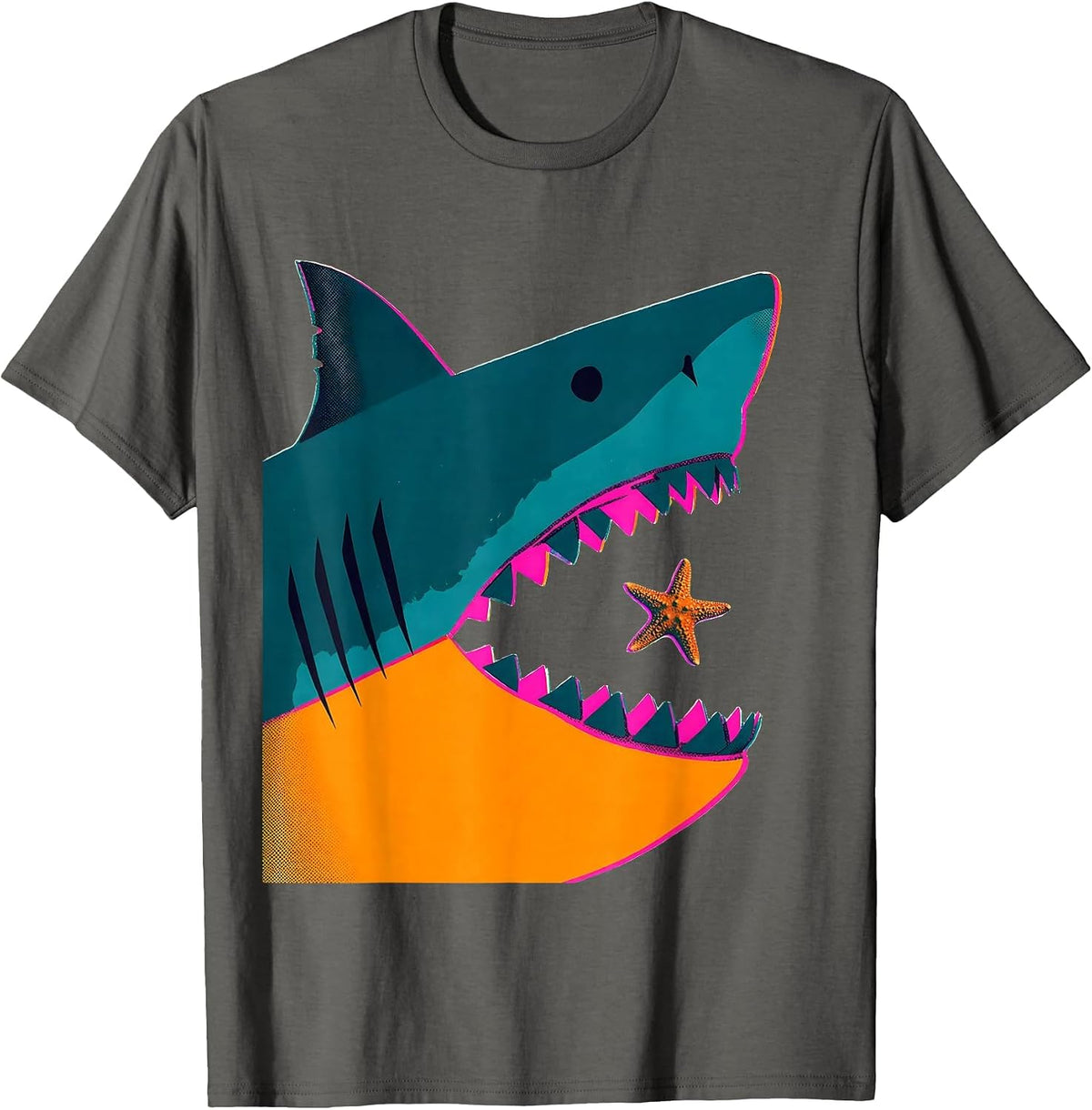 Men's Shark Maw Starfish Risograph Ocean Wildlife Humor T-Shirt - Asphalt Grey