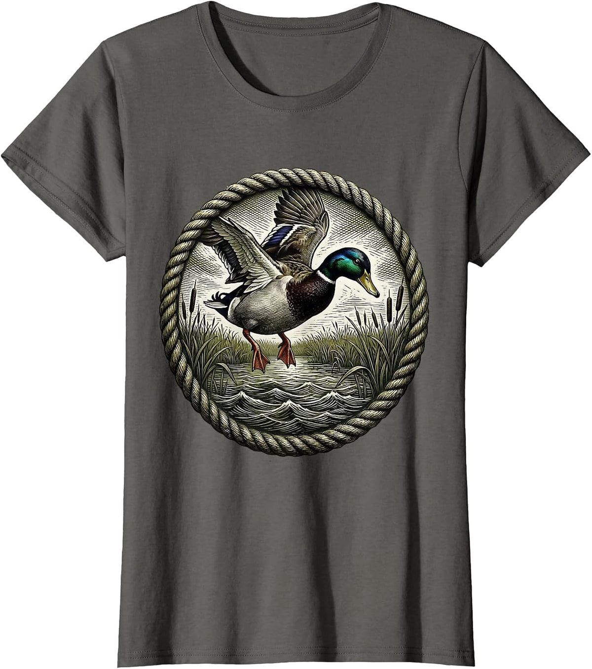 Women's Mallard Duck Descending Camo Hunting Design T-Shirt - Asphalt Grey