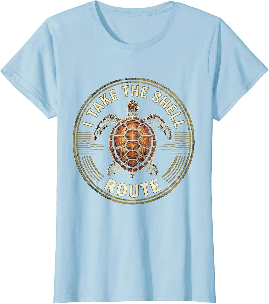 Women's I Take The Shell Route Vintage Sea Turtle Lover Humor Gift T-Shirt - Baby Blue