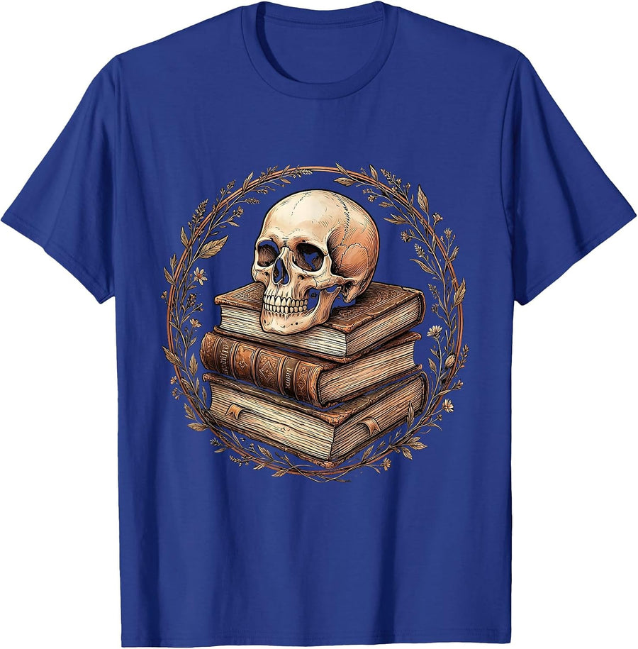 Skull on Ancient Books Dark Academia Illustration T-Shirt - Royal Blue