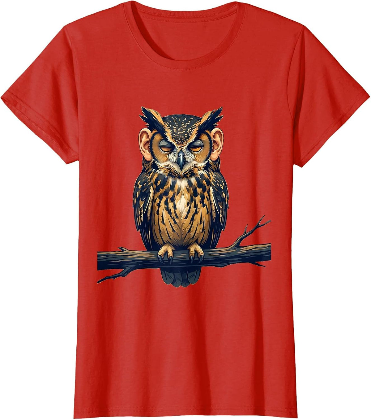Owl Perched Eyes Wide Shut Graphic Design T-Shirt - Red