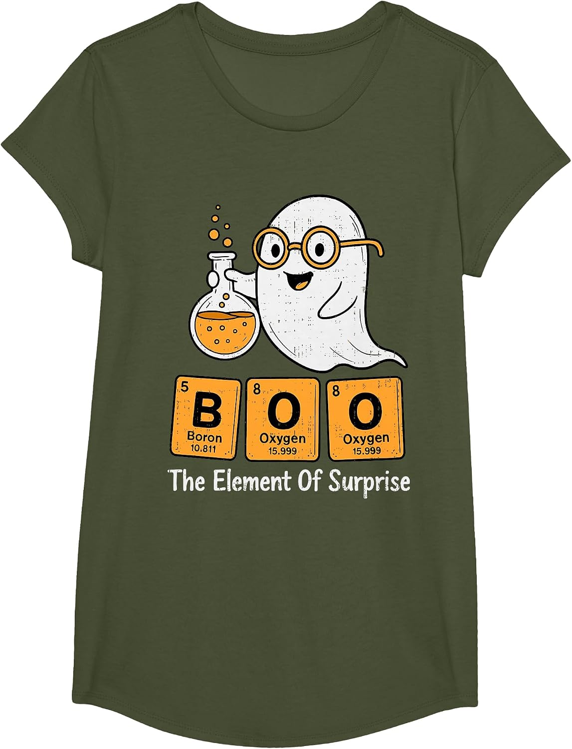 Boo Ghost Chemistry Pun Science Periodic Table Halloween T-Shirt - Girls Olive Green