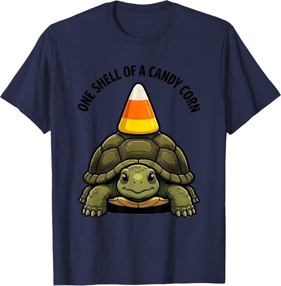 One Shell Of A Candy Corn Cartoon Halloween Costume Turtle T-Shirt - Navy Blue