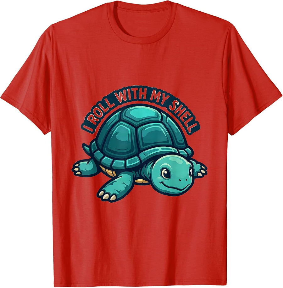 I Roll With My Shell Funny Sea Turtle Lover Mascot Logo T-Shirt - Red