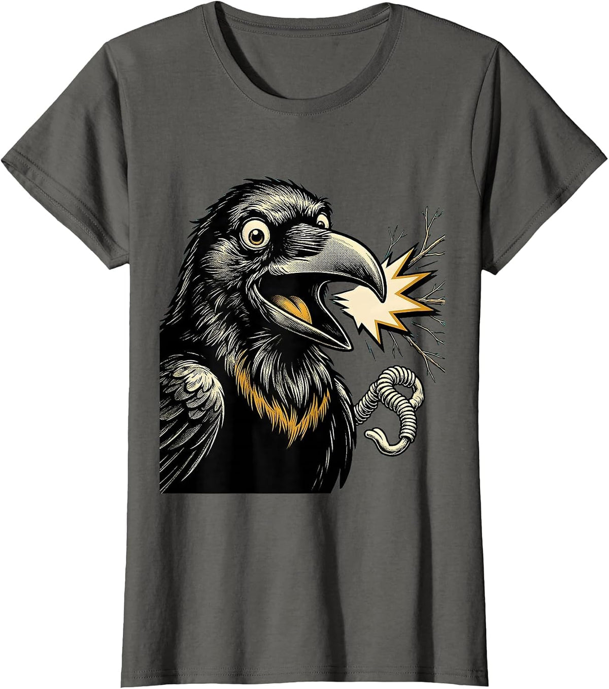 Women's Oversized Crow Retro Cartoon Bird Lover Dark Humor T-Shirt - Asphalt Grey