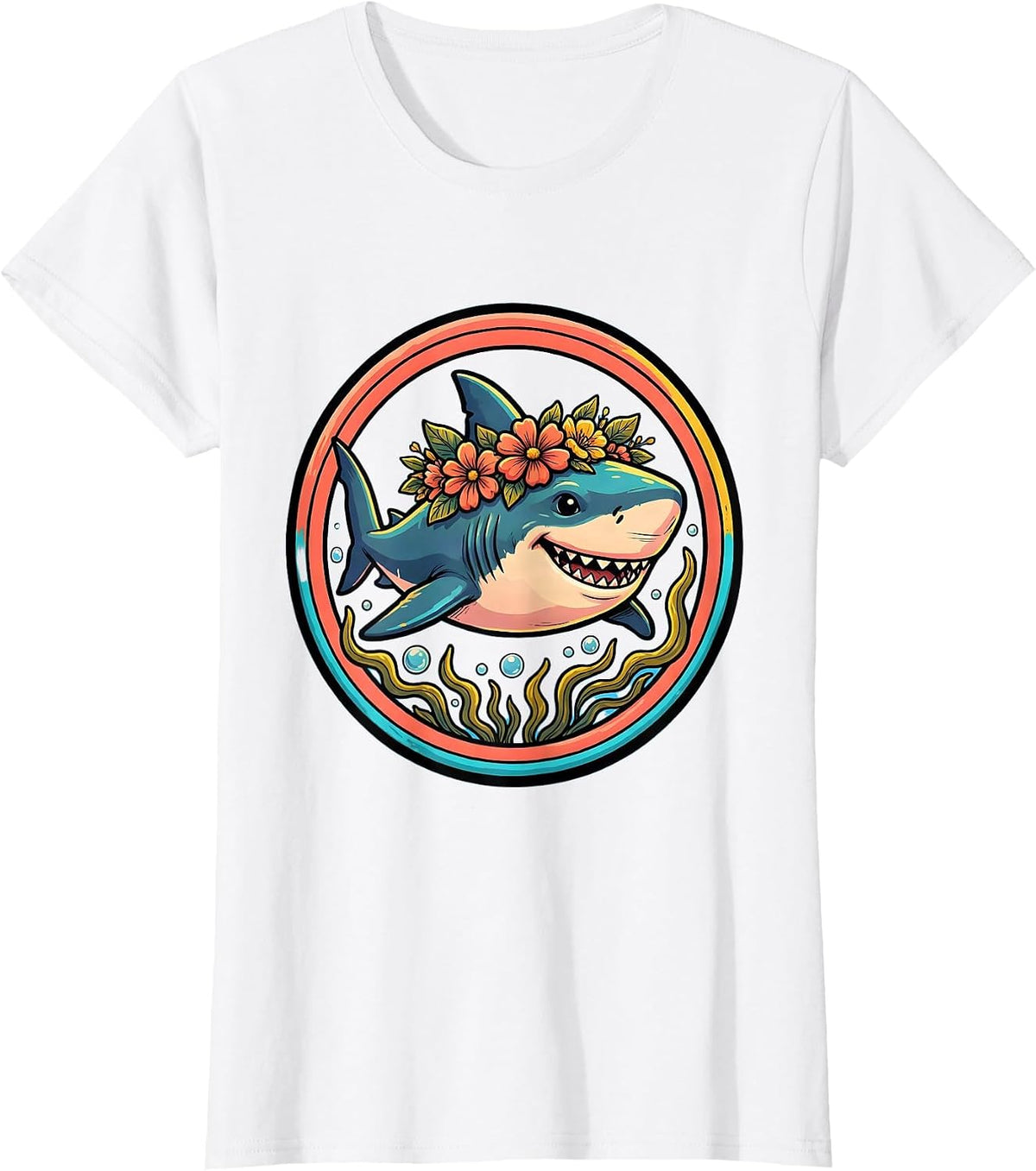Mommy Shark Flower Crown Underwater Art T-Shirt - White