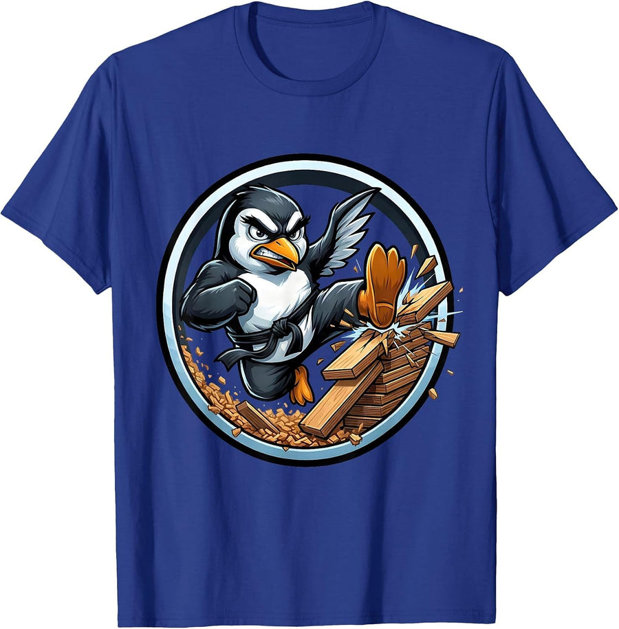 Angry Penguin Karate Kick Martial Arts Graphic T-Shirt - Royal Blue