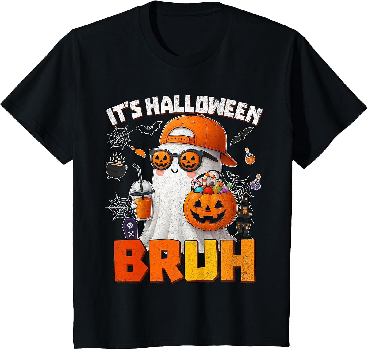 Its Halloween Bruh Boo Ghost Pumpkin Costume Boys Kids Mens T-Shirt - Black