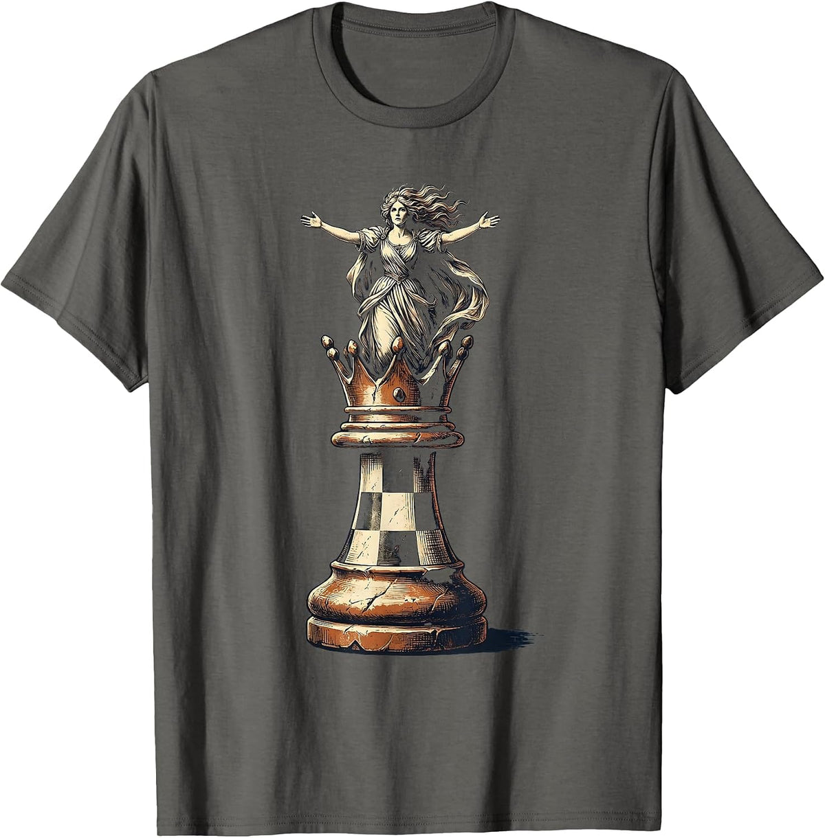 Checkered Chess Piece Rising Figure Graphic T-Shirt - Asphalt Grey