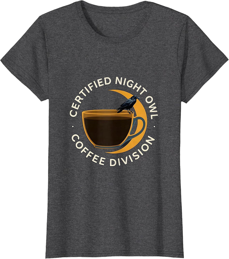 Women's Certified Night Owl Coffee Division Gothic Raven Coffee T-Shirt - Dark Heather Grey