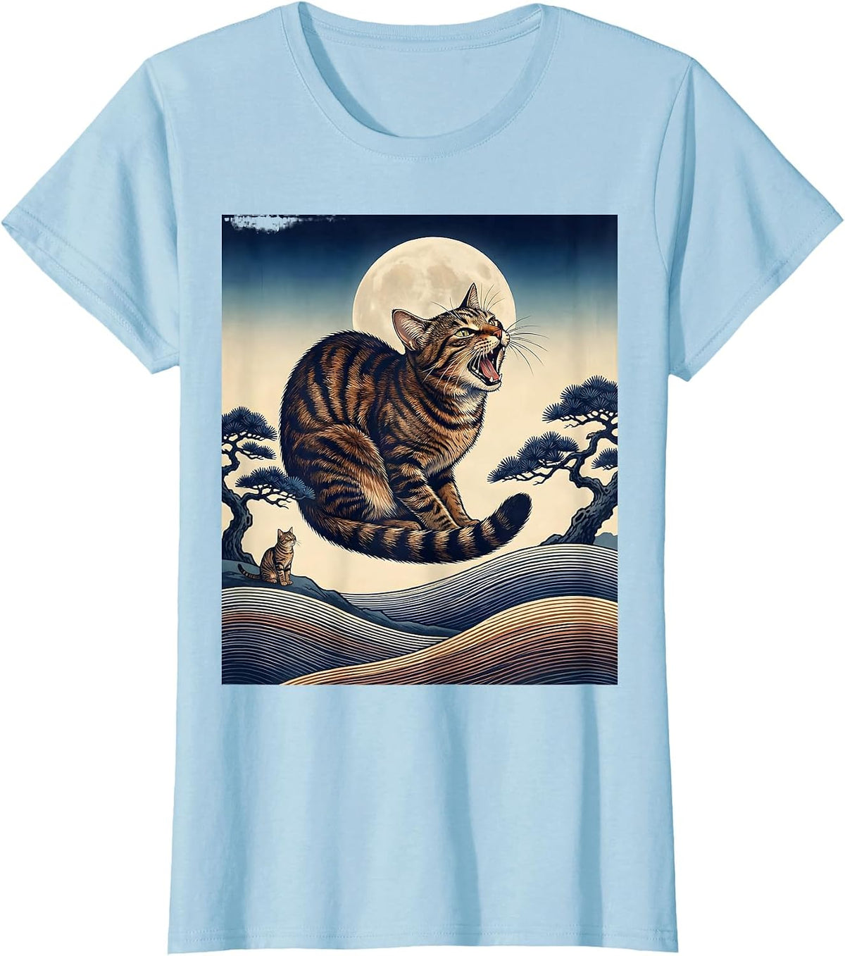 Brown Tabby Cat Howling at Moon 90's Retro Nature Art T-Shirt - Baby Blue