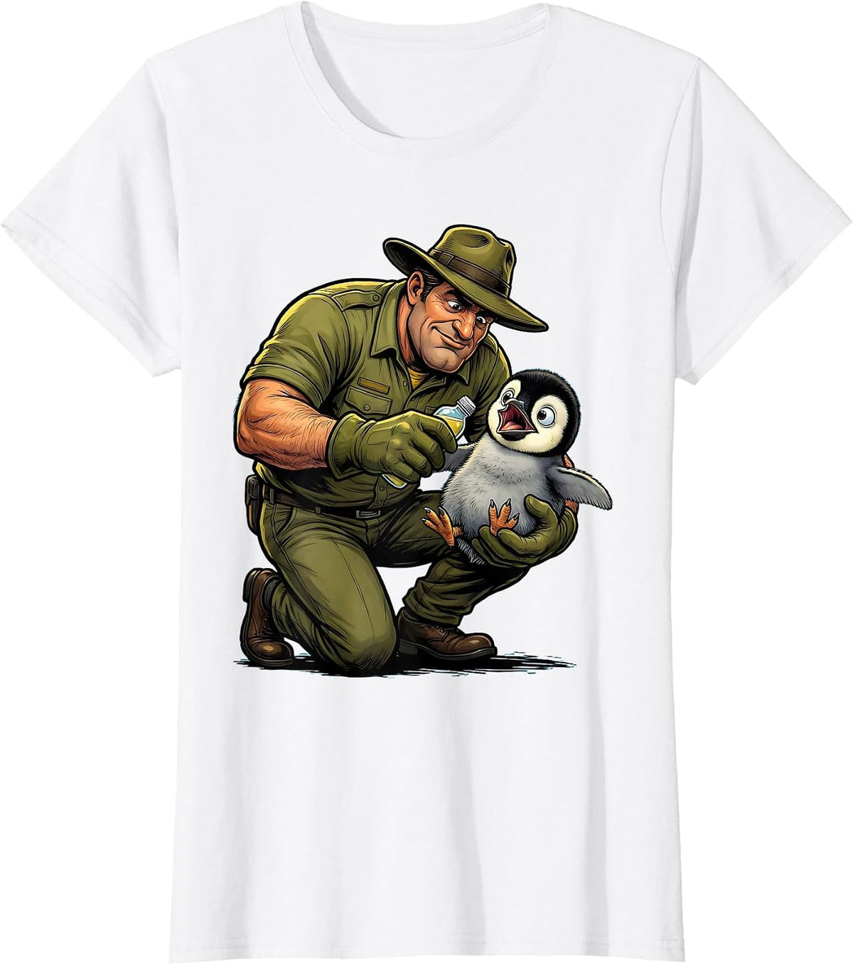 Women's Zoo Keeper Bottle Feeding Baby Penguin Chick T-Shirt - White