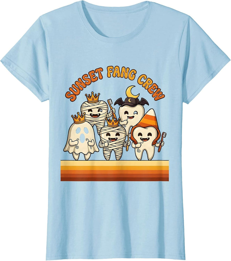 Women's Sunset Fang Crew Retro 70s Dental Halloween Costume Humor T-Shirt - Baby Blue