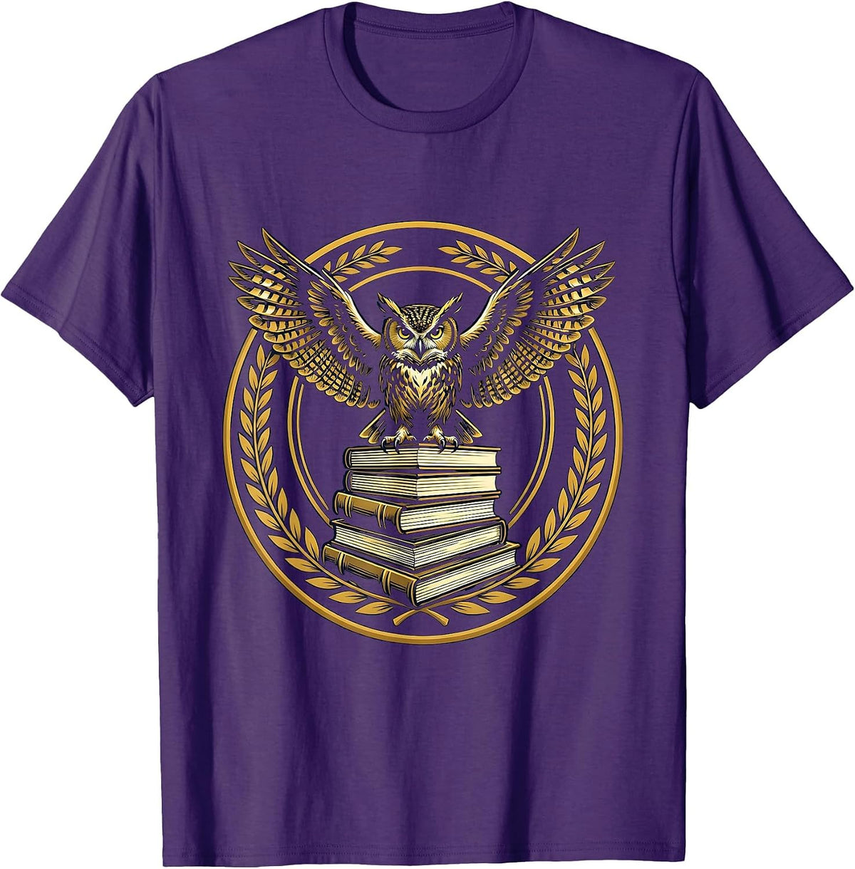 Men's Wise Owl Perched on Stacked Textbooks Design T-Shirt - Purple