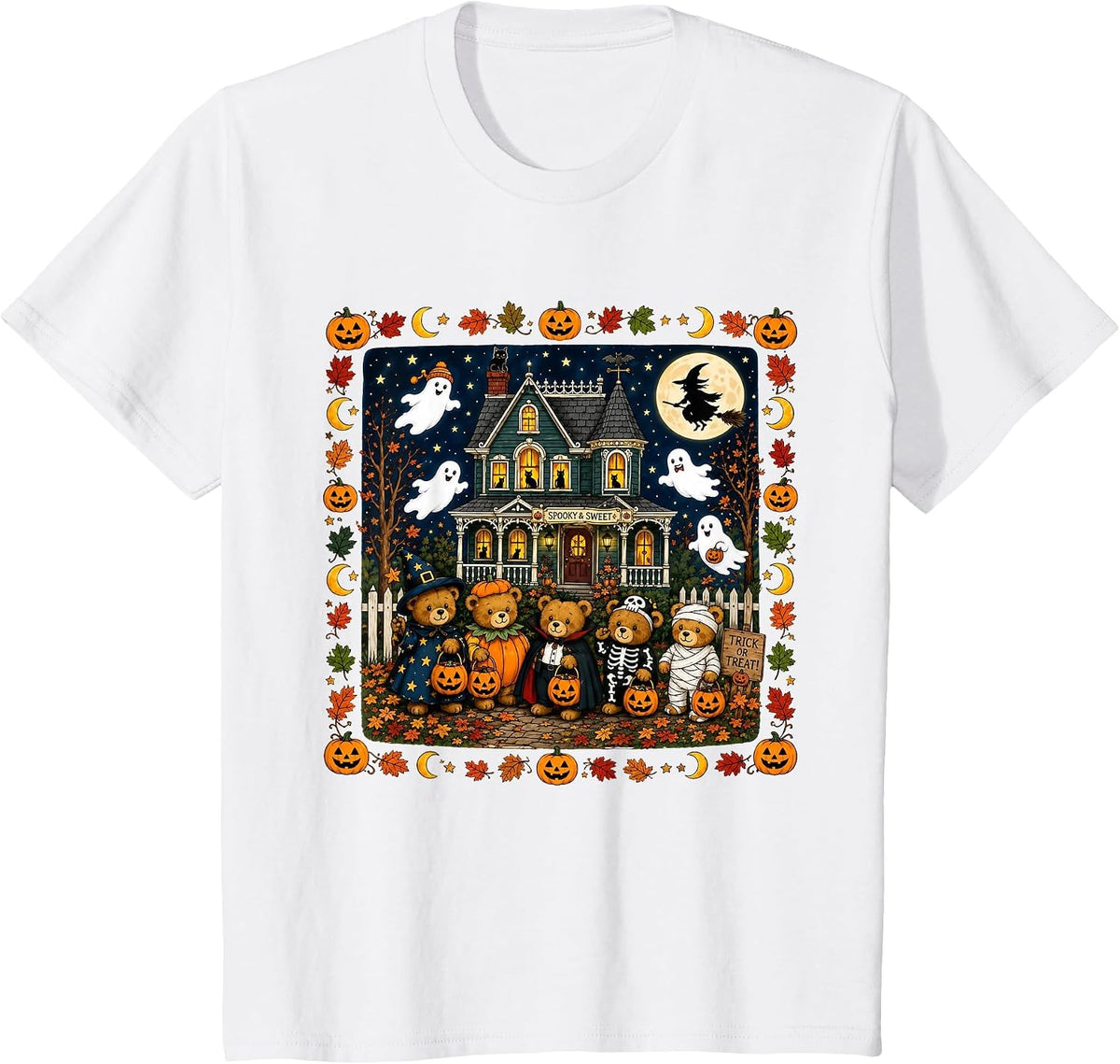 Cute Halloween Teddy Bears House Scene T-Shirt - White