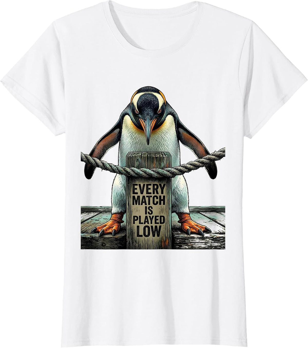 Women's Every Match Is Played Low Funny Penguin Martial Arts Humor T-Shirt - White