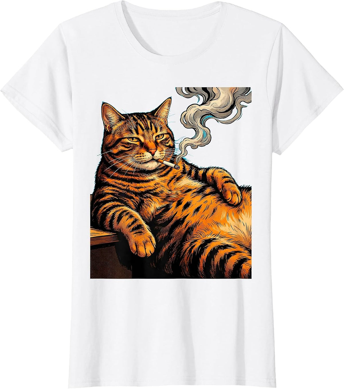 Women's Fat Tabby Cat Lounging With Cigarette Graphic T-Shirt - White