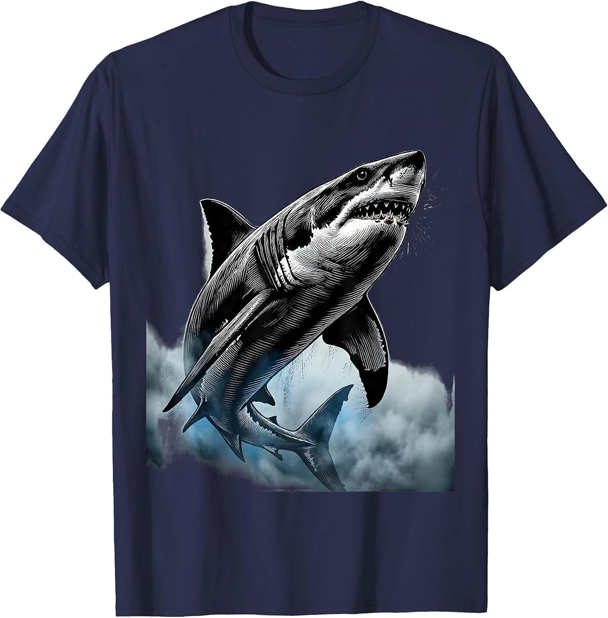 Men's Shark Emerging From Ocean Fog Illustration T-Shirt - Navy Blue