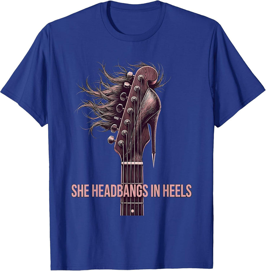 She Headbangs In Heels Rock and Roll Design T-Shirt - Royal Blue
