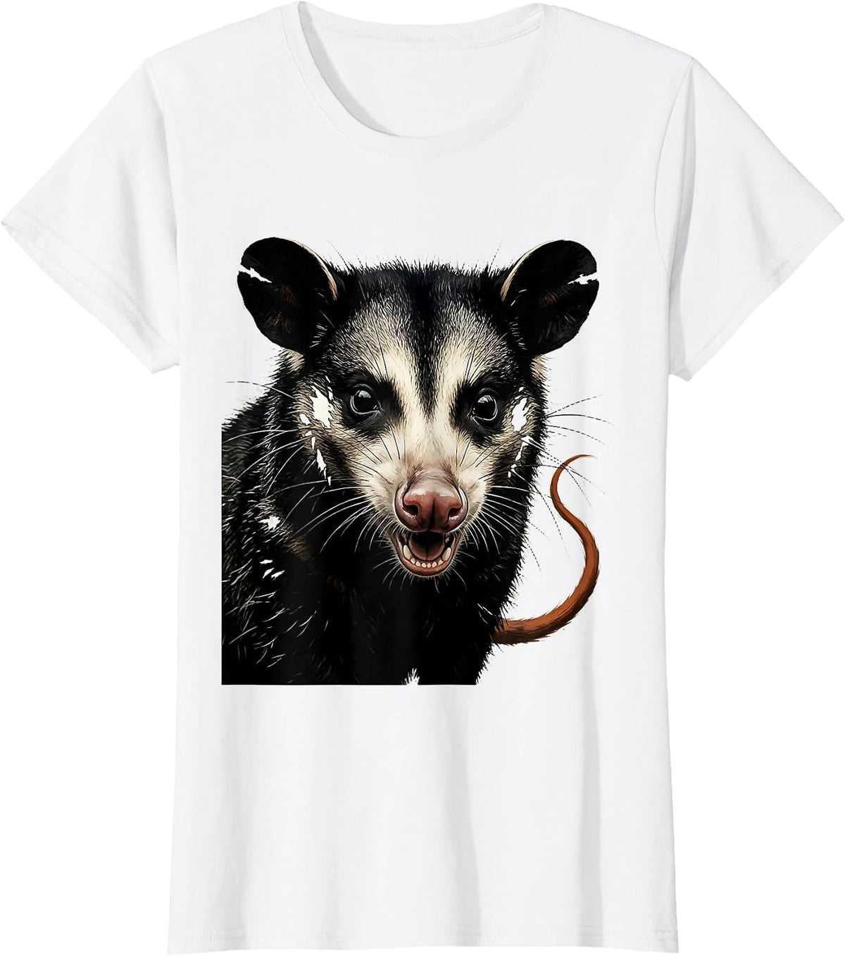 Women's Oversized Opossum Linocut Funny Animal Meme T-Shirt - White