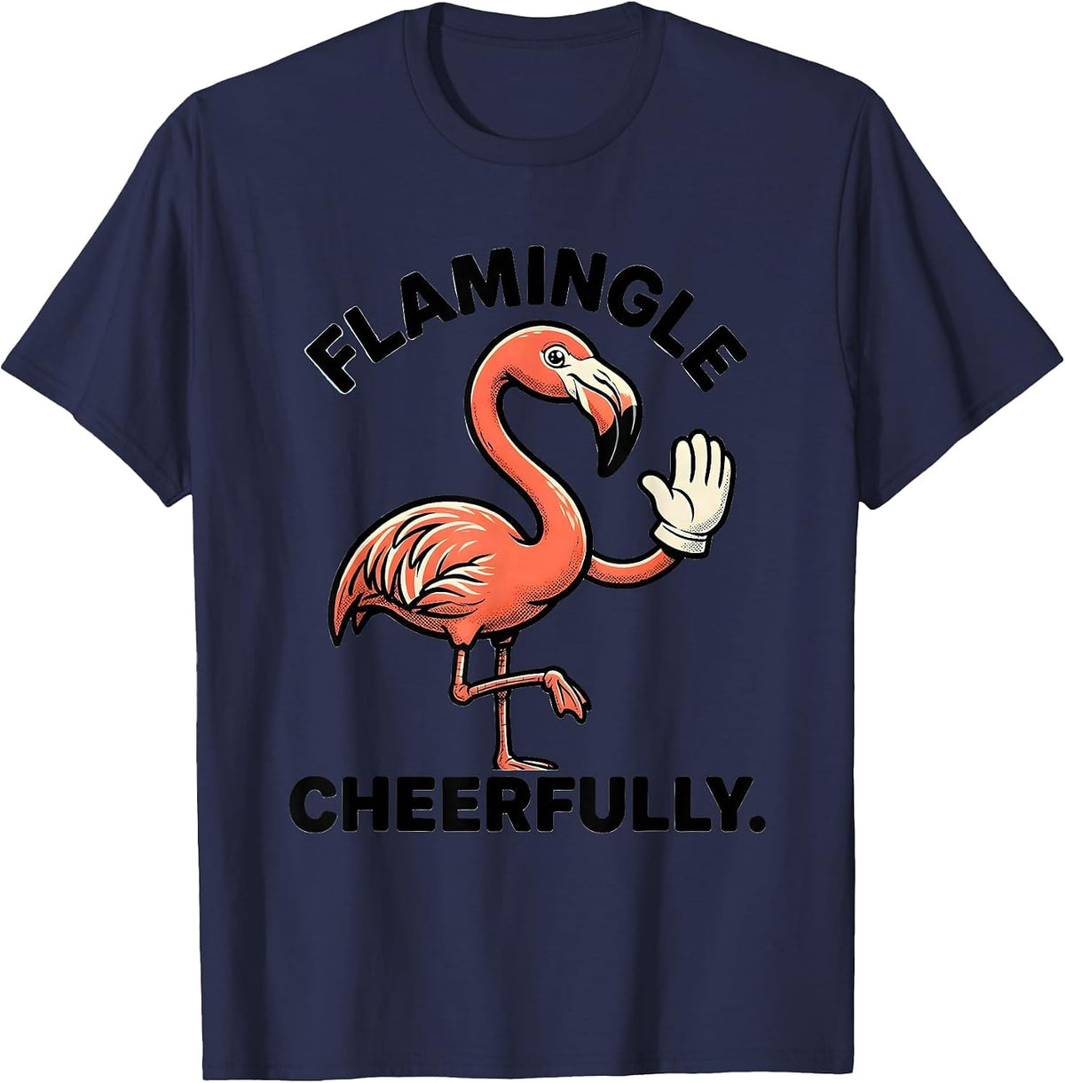 Flamingle Cheerfully Retro Cartoon Pink Flamingo Funny T-Shirt - Navy Blue