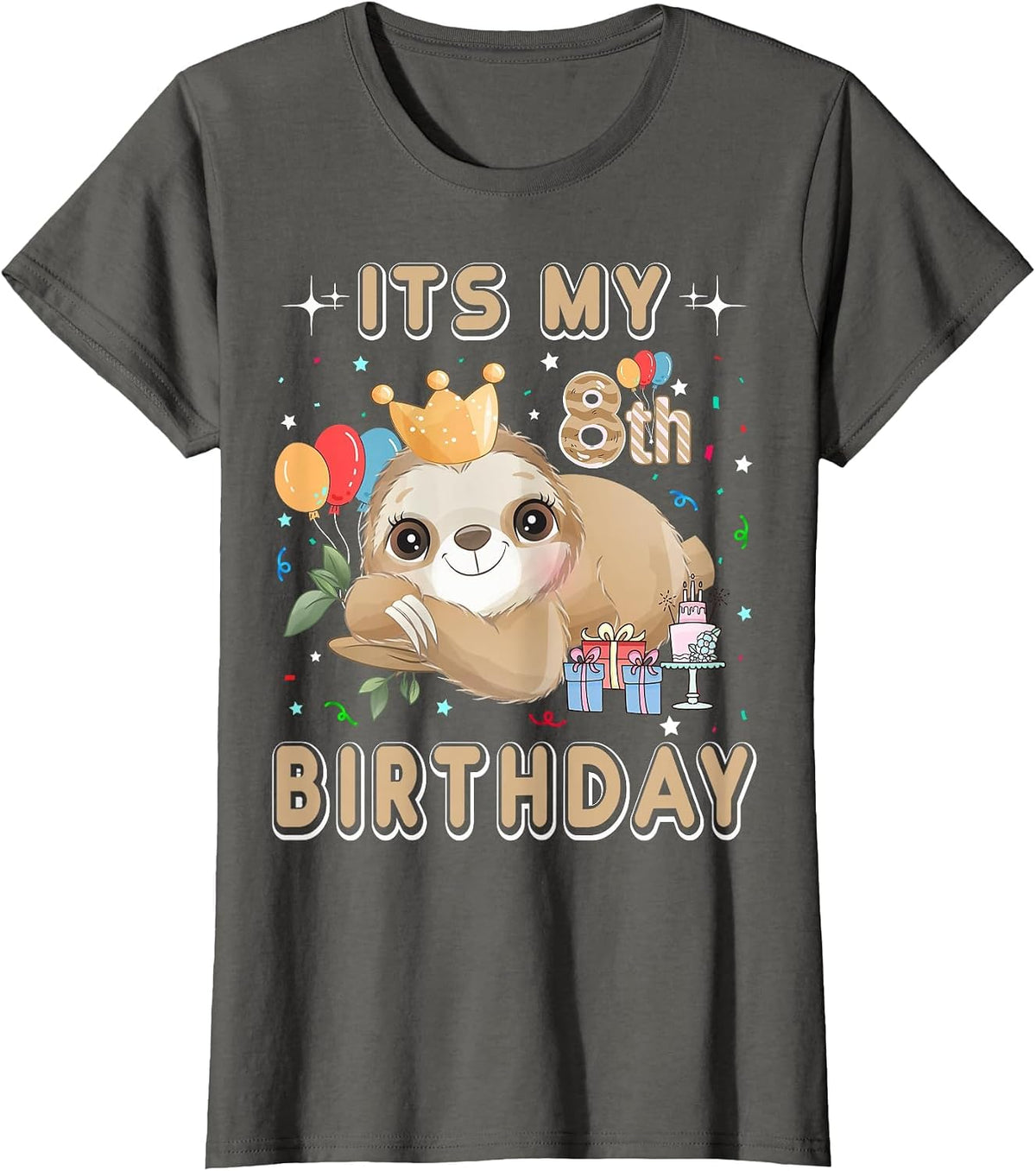 Its My 8th Birthday for Girls Sloth Birthday Costumes Outfit T-Shirt - Asphalt Grey