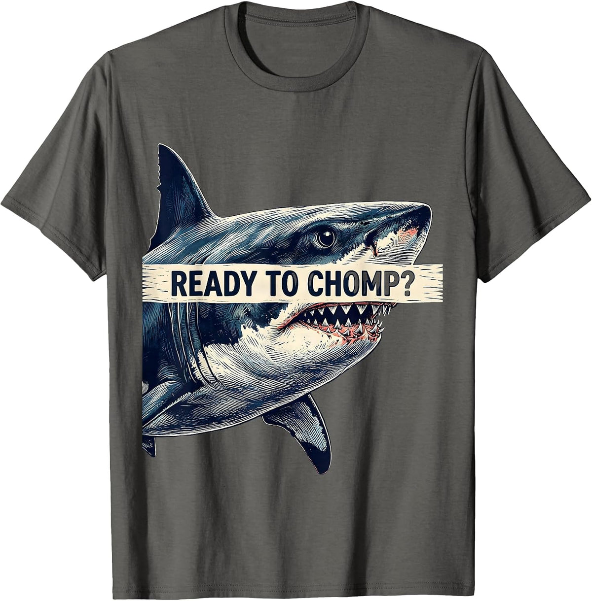 Men's Ready To Chomp Funny Shark Lover Ocean Humor Linocut T-Shirt - Asphalt Grey