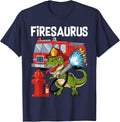 Fire Fighter Saurus Firetruck Fireman Dinosaur T-Shirt - Navy Blue