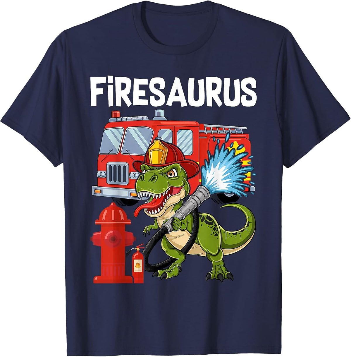Fire Fighter Saurus Firetruck Fireman Dinosaur T-Shirt - Navy Blue