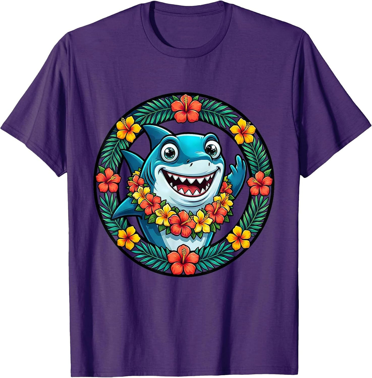 Kids Hawaiian Shark Floral Lei Cartoon Design T-Shirt - Purple