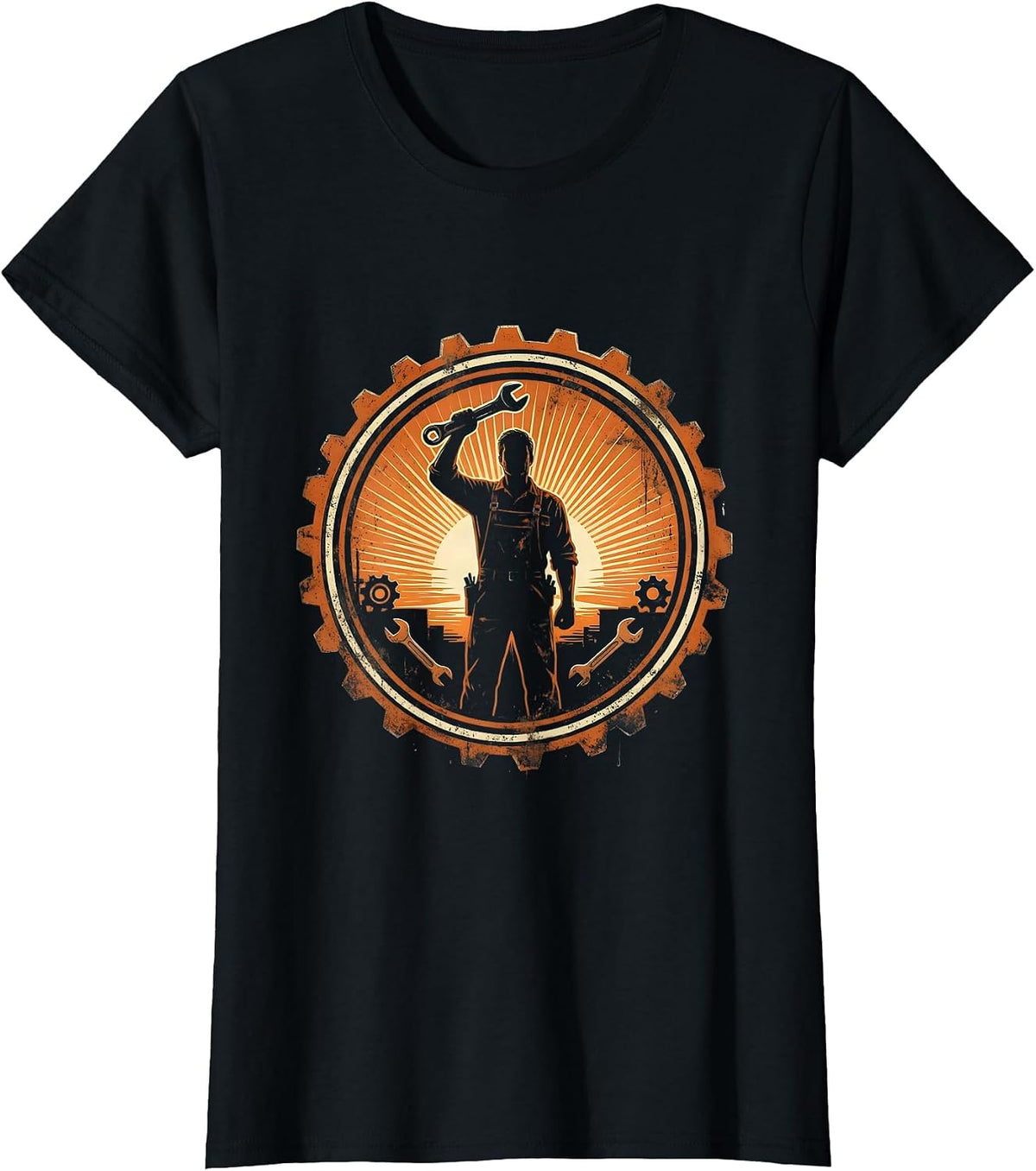 Mechanic Silhouette Garage Sunset Graphic T-Shirt - Black