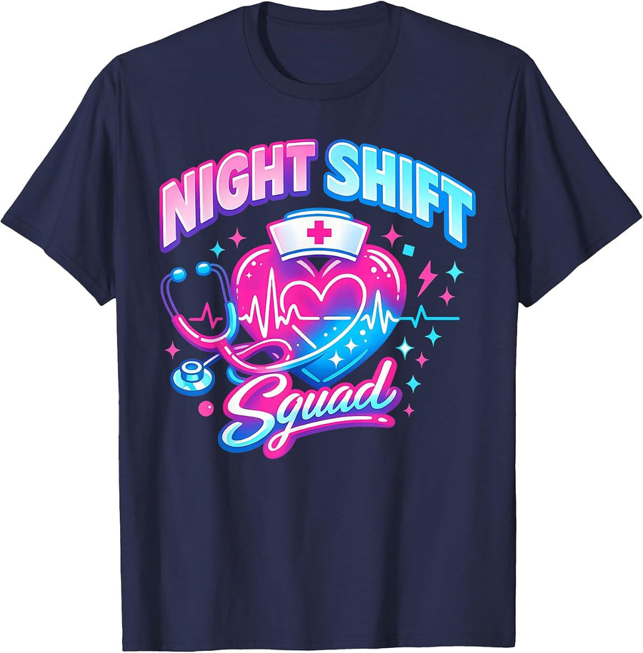 Night Shift Nurse Life RN LPN CNA Healthcare Heartbeat EMT T-Shirt - Navy Blue