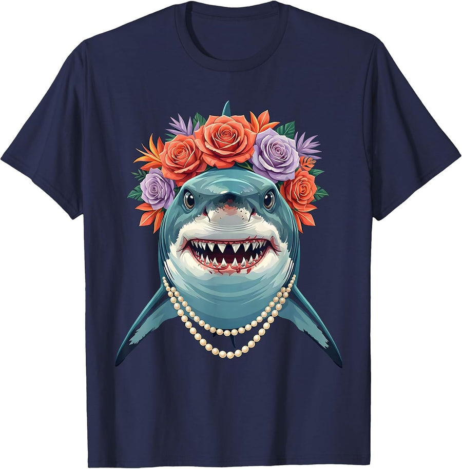 Mommy Shark Floral Crown and Pearls Illustration T-Shirt - Navy Blue