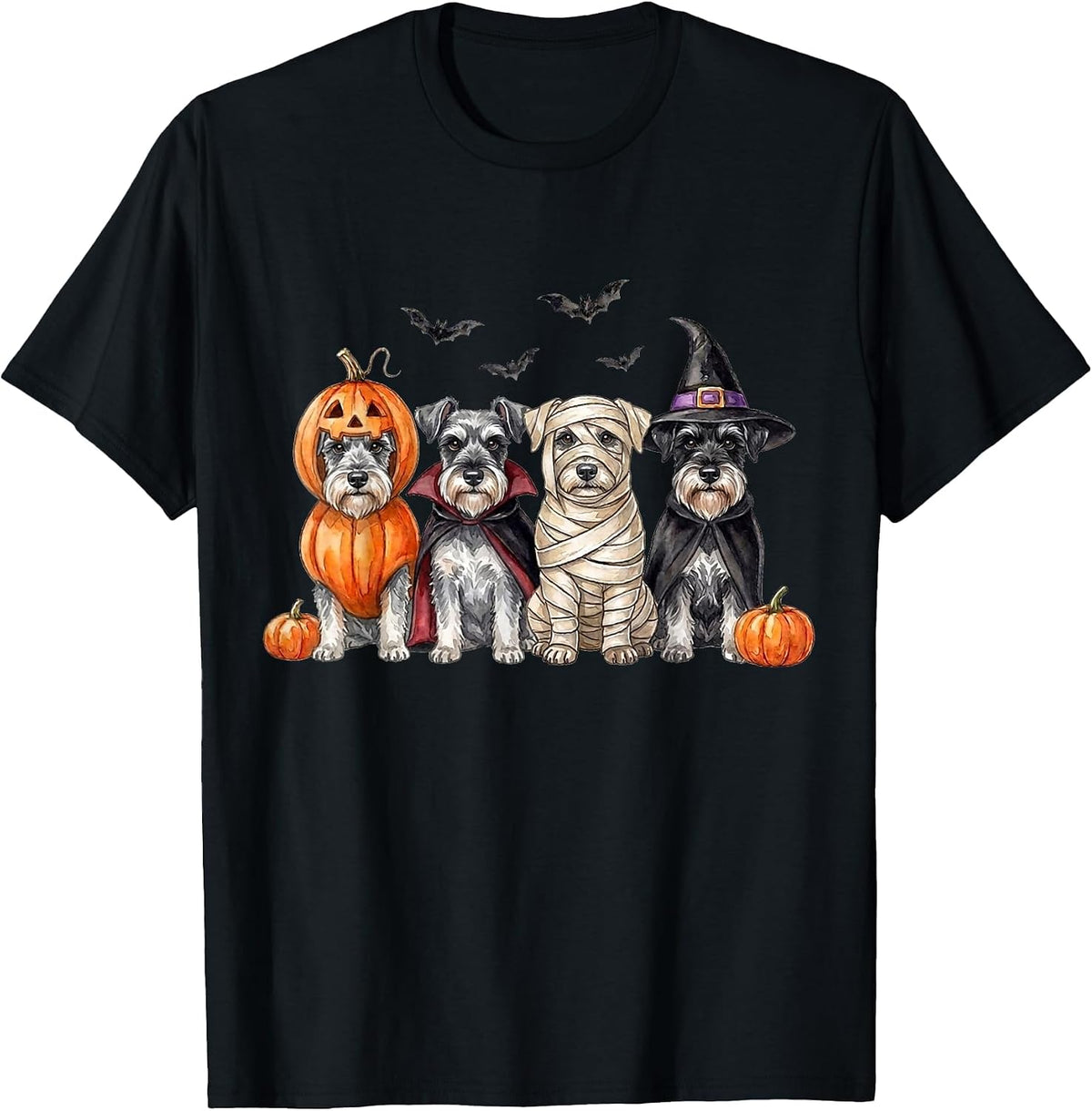 Halloween Schnauzer Squad Pumpkin Vampire Mummy Witch Dog T-Shirt - Black