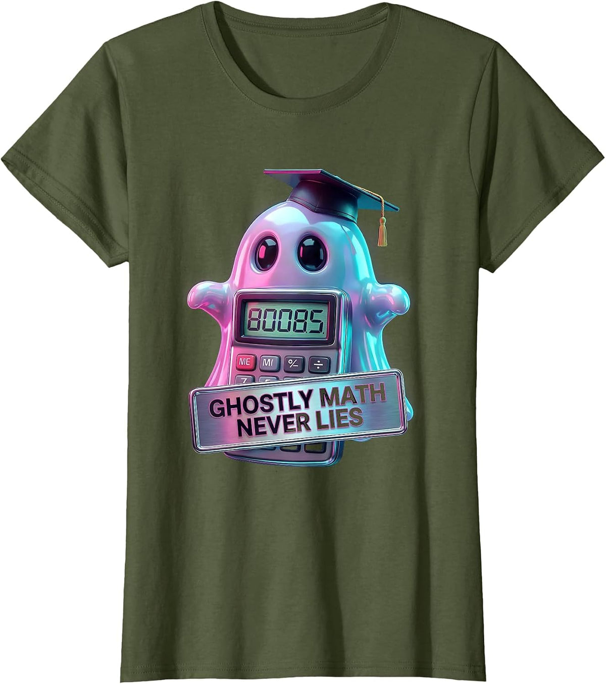 Women's Halloween Teacher Ghost Calculator Math Design T-Shirt - Olive Green
