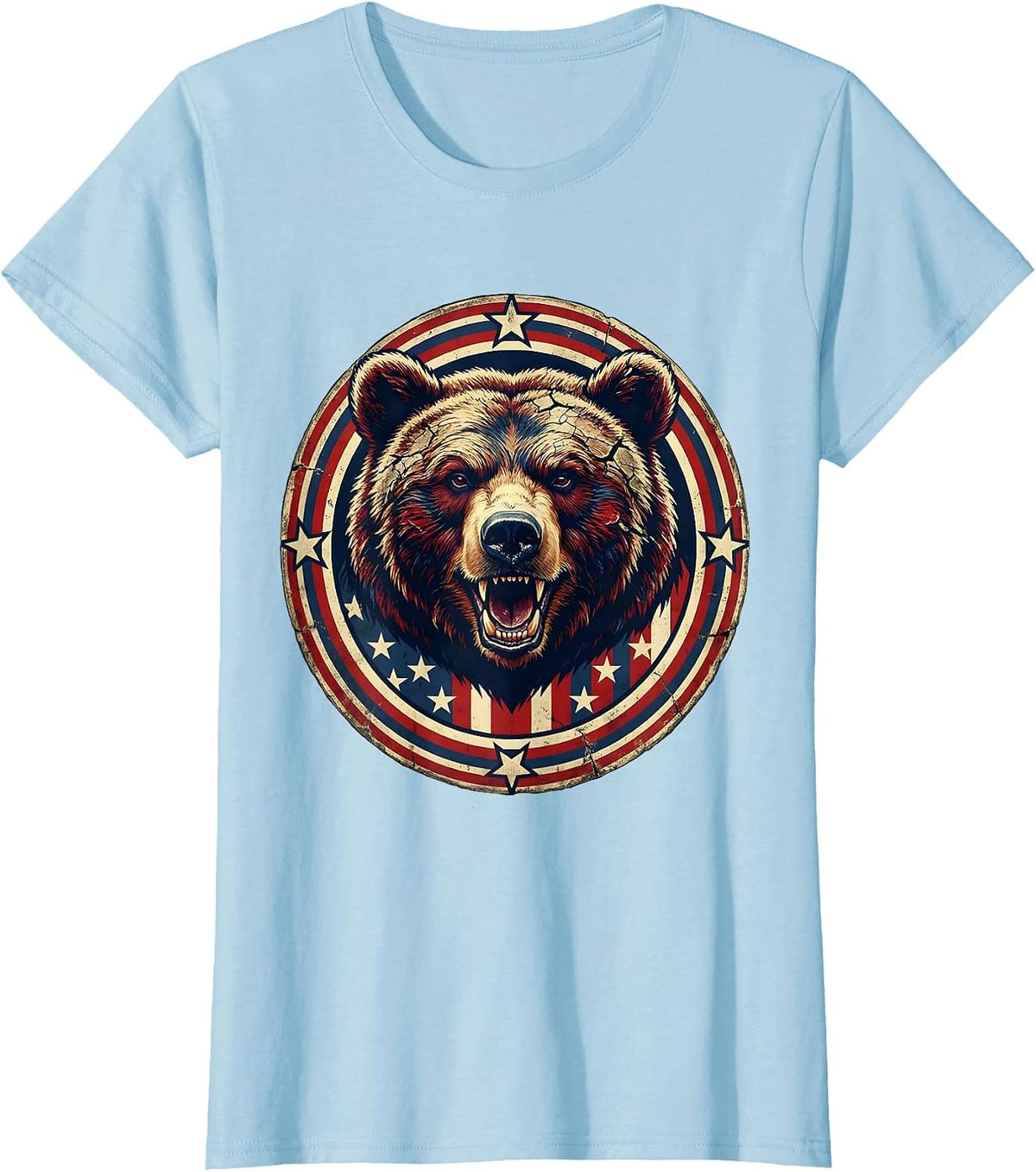 Patriotic Roaring Bear Stars and Stripes Design T-Shirt - Baby Blue