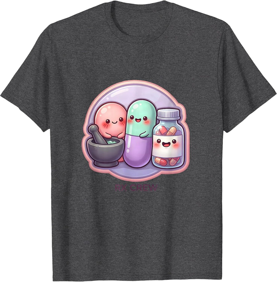 Men's Rx Crew Cute Kawaii Pharmacy Tech Pharmacist Squad T-Shirt - Dark Heather Grey