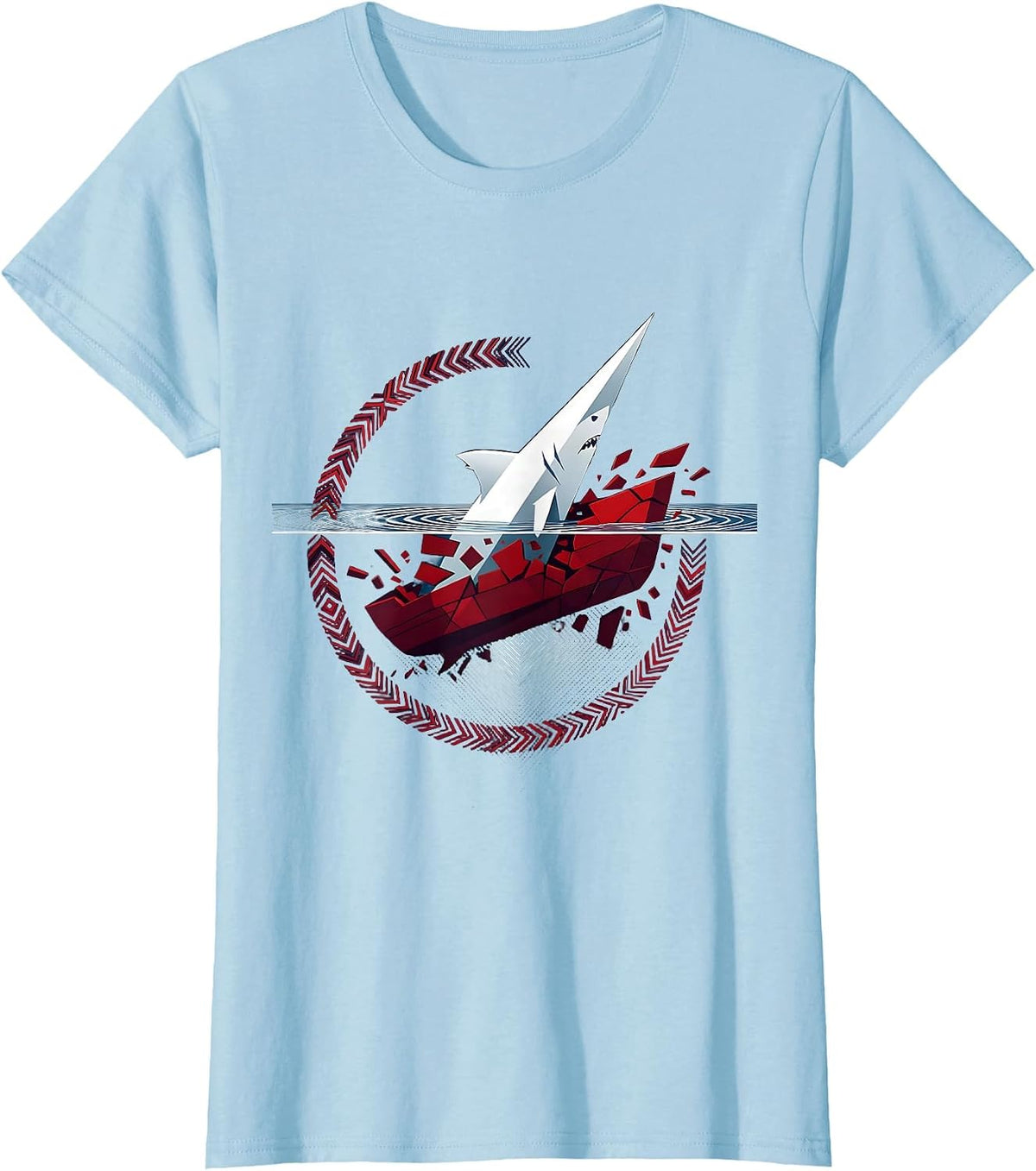 Shark Circling Sinking Ship Graphic Design T-Shirt - Baby Blue