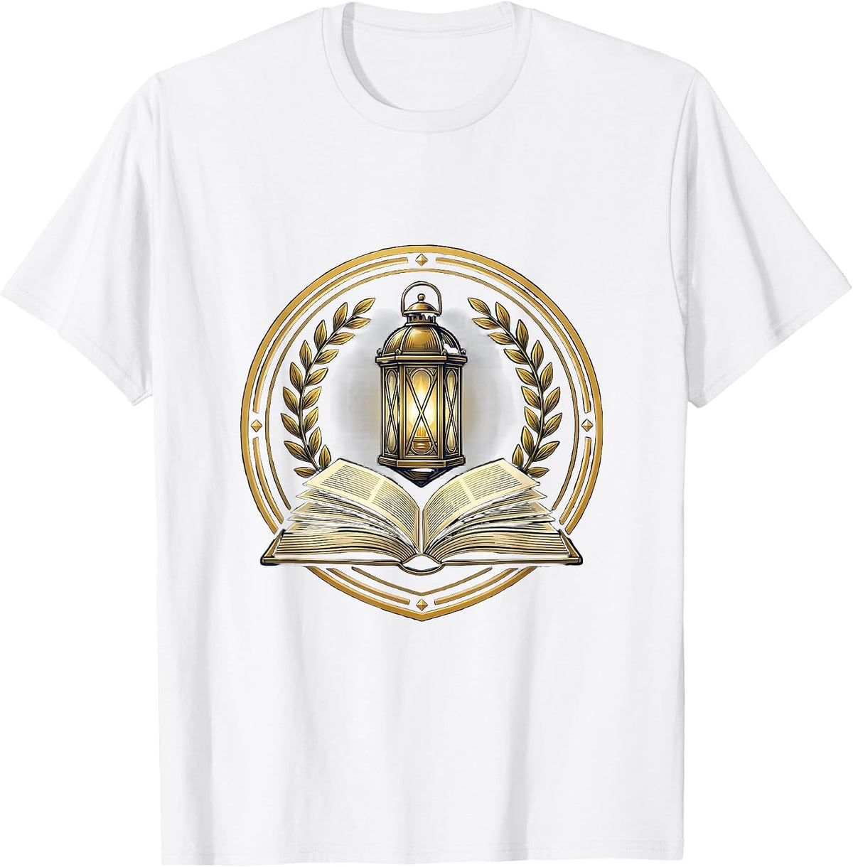 Men's Paraprofessional Glowing Lantern Open Book Design T-Shirt - White