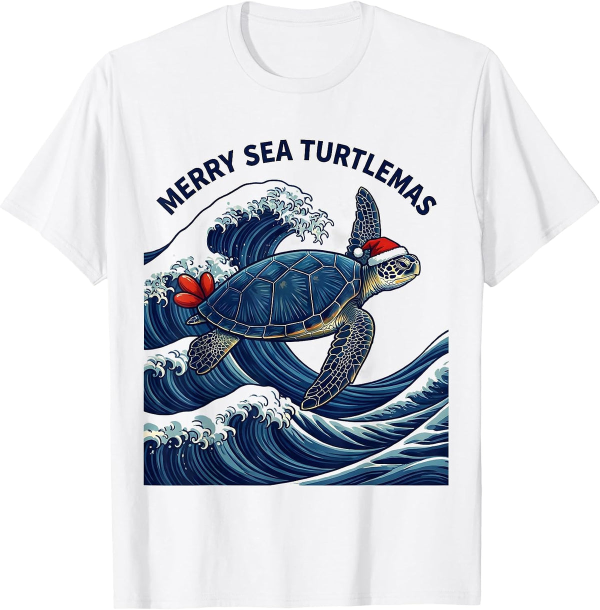 Men's Merry Sea Turtlemas Ukiyo-e Santa Hat Sea Turtle Lover T-Shirt - White