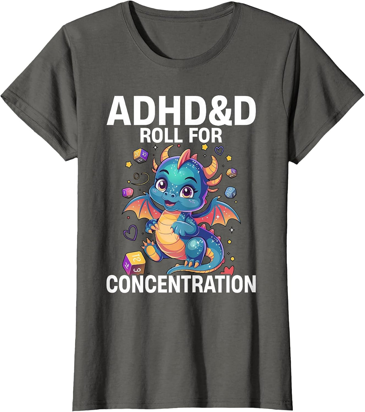 ADHD&D Roll for Concentration Cute Watercolor Dragon T-Shirt - Asphalt Grey