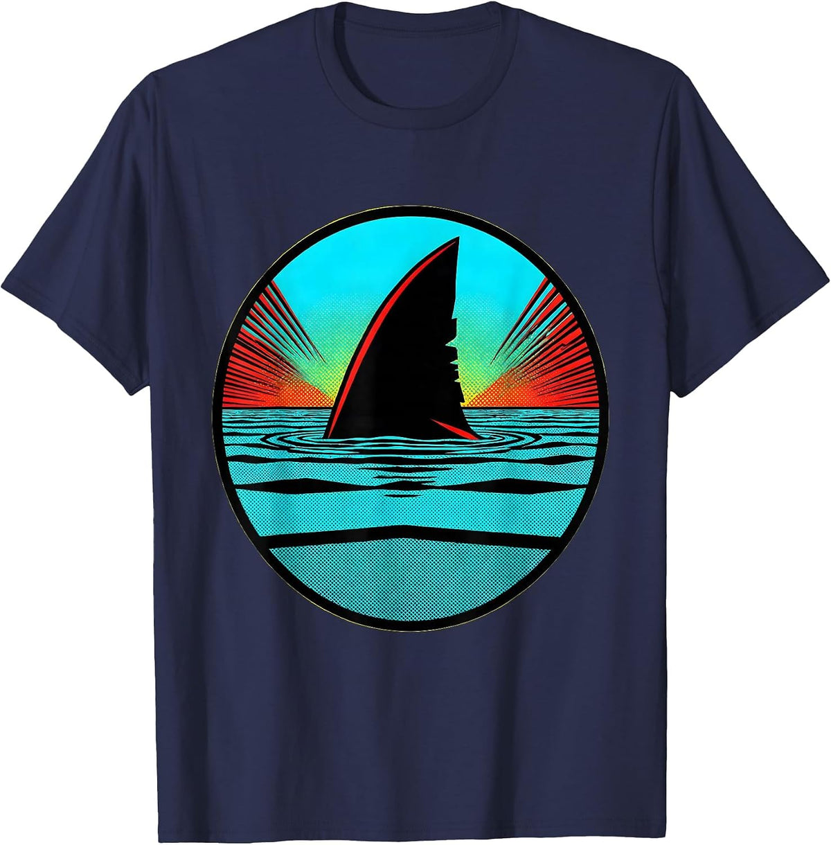Men's Shark Fin Cutting Through Calm Water Graphic T-Shirt - Navy Blue