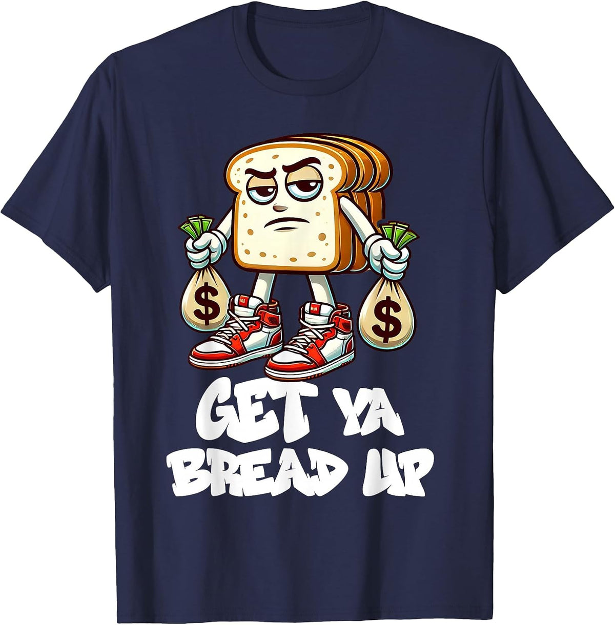 Hip Hop Get Ya Bread Up Urban Streetwear Money Bags Hustle T-Shirt - Navy Blue
