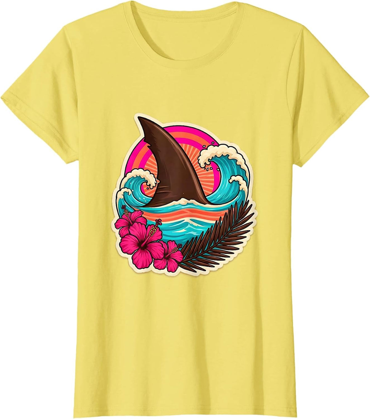 Women's Kids Shark Fin Ocean Waves Hawaiian Design T-Shirt - Lemon Yellow