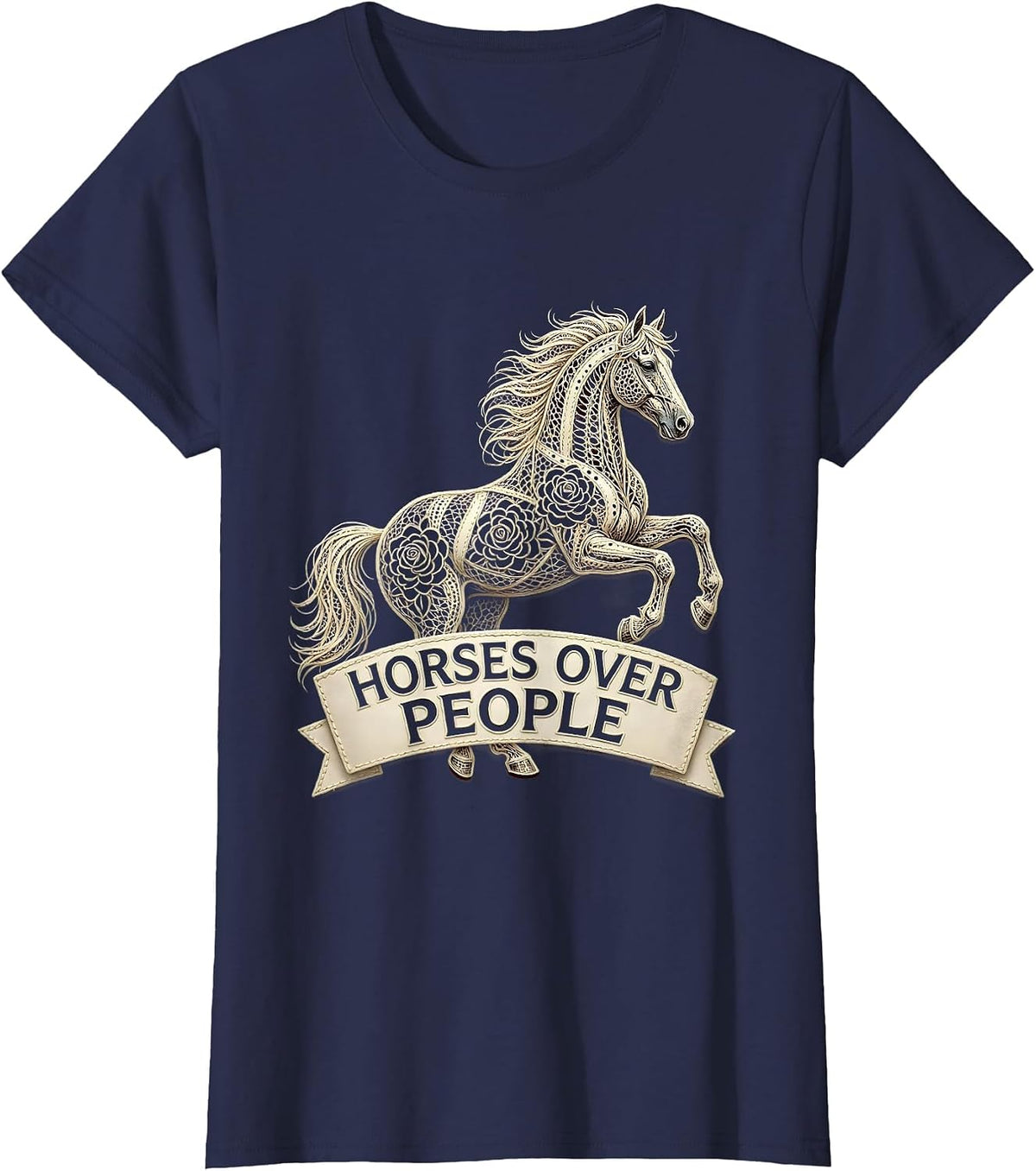 Women's Horses Over People Equestrian Lover Design T-Shirt - Navy Blue